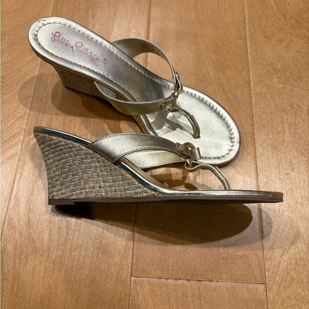 Lilly Pulitzer Metallic Gold Wedge Thong Sandals with Buckle Detail